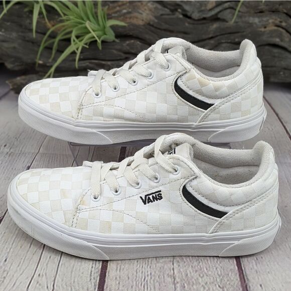 Vans® Seldan White on White Checkerboard Skate Shoes Sneakers - Picture 4 of 7